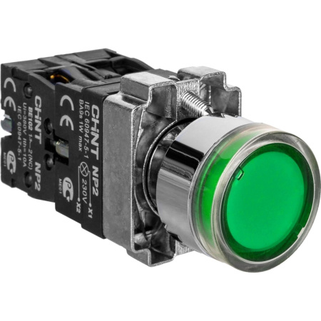 CHINT Кнопка управления NP2-BW3361 плоская, зеленая, 1НО, AC/DC230В(LED), IP40 (R)