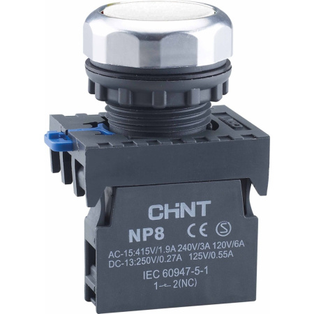 CHINT Кнопка упр. NP8-01BN/1 без подсветки, самовозв., белый, 1НЗ, IP65 (R)