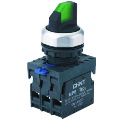 CHINT Переключатель подсвет. NP8-11XD/213, 2 полож. фикс., зелен., AC110-230В(LED), 1НО+1НЗ, IP65 (R)