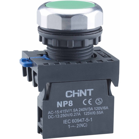 CHINT Кнопка упр. NP8-10BND/3 подствет., самовозв., зеленый, AC110-230В(LED), 1НО, IP65 (R)