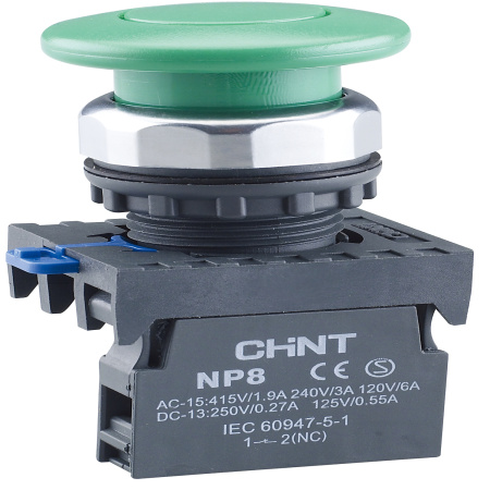 CHINT Кнопка упр. "Грибок" Φ40мм NP8-01M/13 без подсветки, самовозв., зелен., 1НЗ, IP65 (R)